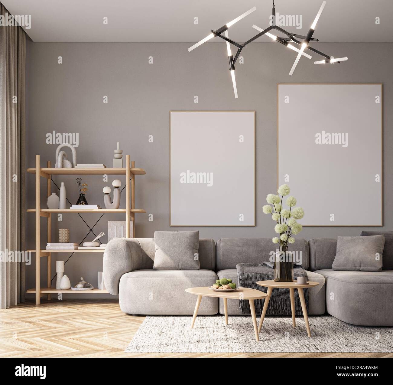 Mockup poster in cozy living room interior with gray sofa Stock Photo ...
