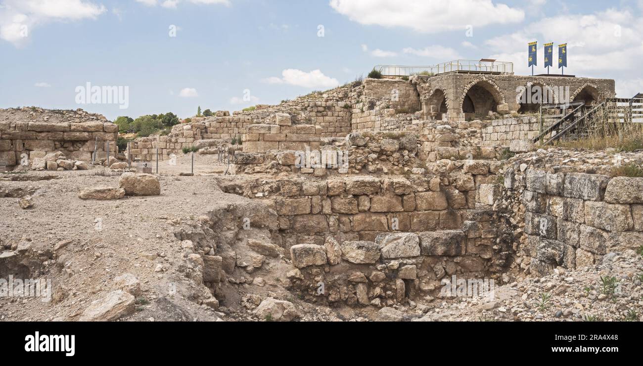 panorama of ancient ruins at Beit Guvrin Park in Israel including Roman, Byzantine and Crusader buildings with a partly cloudy sky in the background Stock Photo