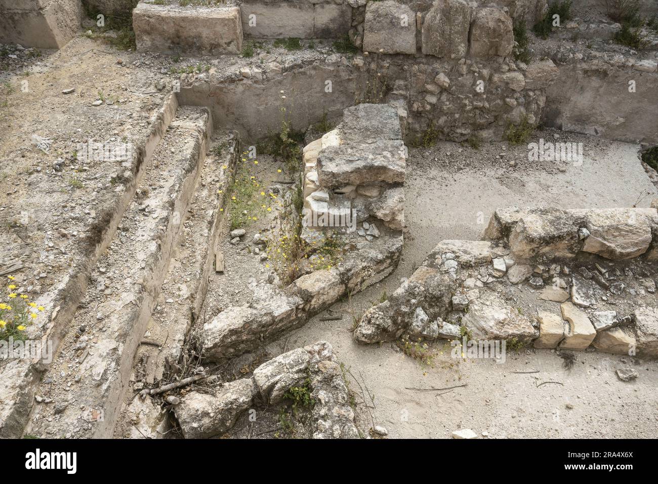 section of the ancient Roman Bathhouse at Beit Guvrin park in Israel showing water channels made with limestone blocks Stock Photo
