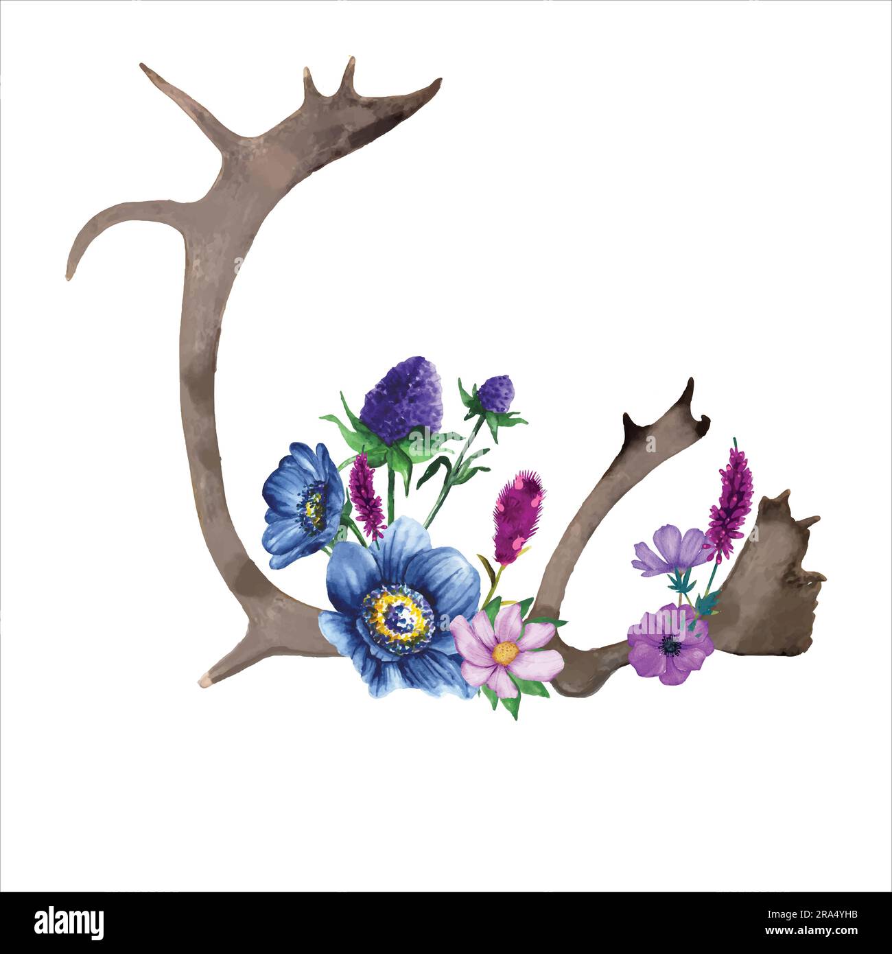 Watercolor caribou antler with wild flowers  vector illustration Stock Vector