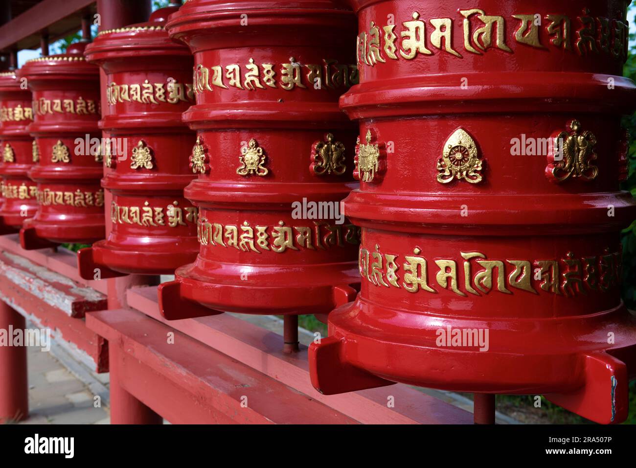 ELISTA, RUSSIA - JUNE 04, 2023: Prayer drums close-up. Buddhist temple of the Syakyusn-sume Stock Photo