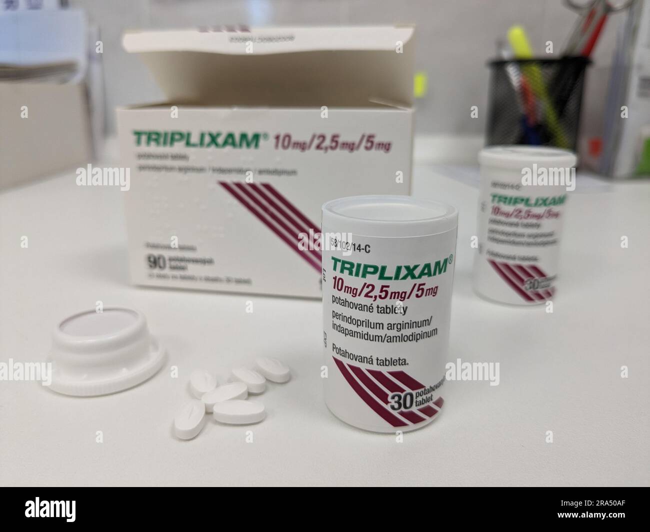 Prague,Czech republic-March 28 2024: box of TRIPLIXAM Czech medication with active substance combination Perindopril,Indapamid,Amlodipin, made by phar Stock Photo