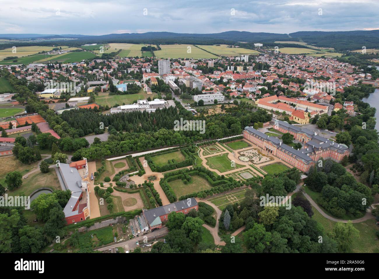 Dobris castle and historical city center aerial panorama landscape view