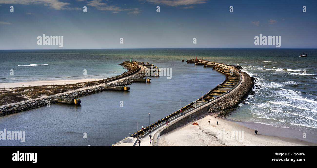 Port entrance from two moles at the Polish port of Kołobrzeg on the Baltic Sea Stock Photo