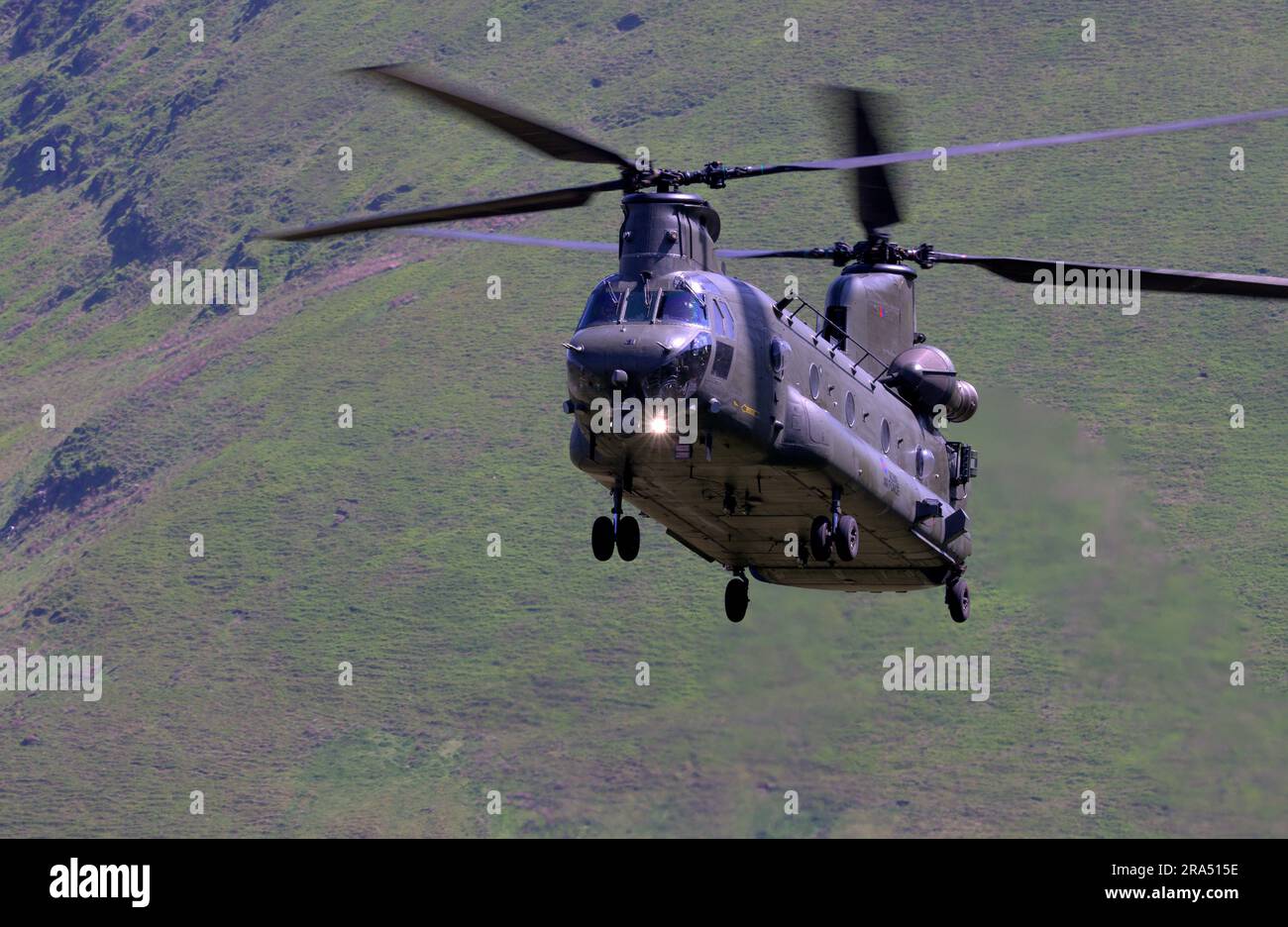 RAF Chinook carrying out low level training in Low Flying Area 7 Stock Photo