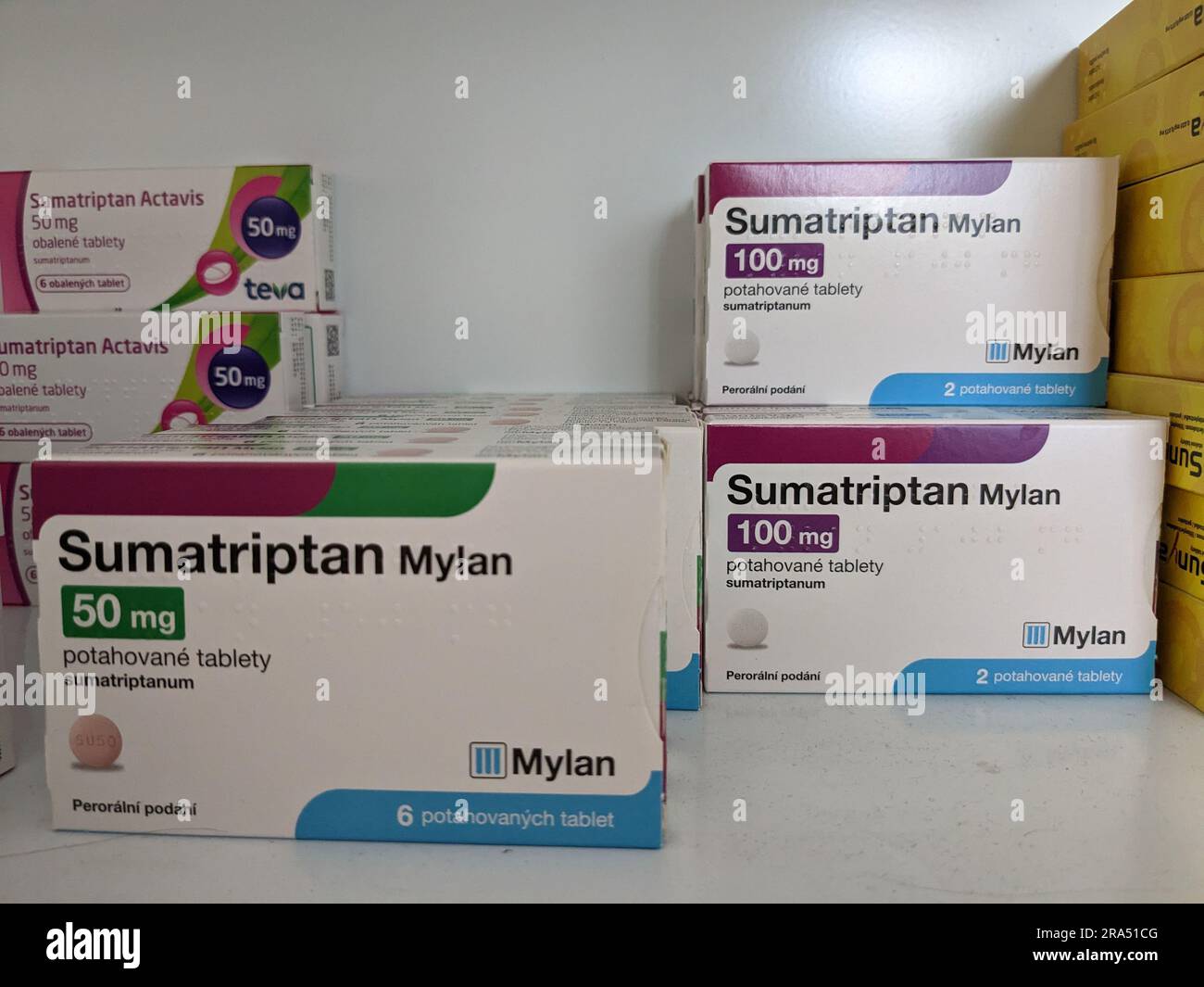Prague,Czech republic–May 23 2023:Pharmacy store-Sumatriptan Mylan pills for treatment of migraine and  head aches Stock Photo