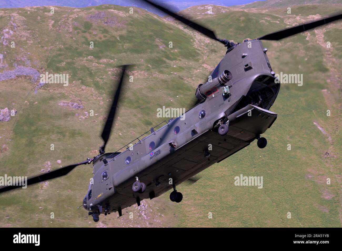 RAF Chinook carrying out low level training in Low Flying Area 7 Stock Photo