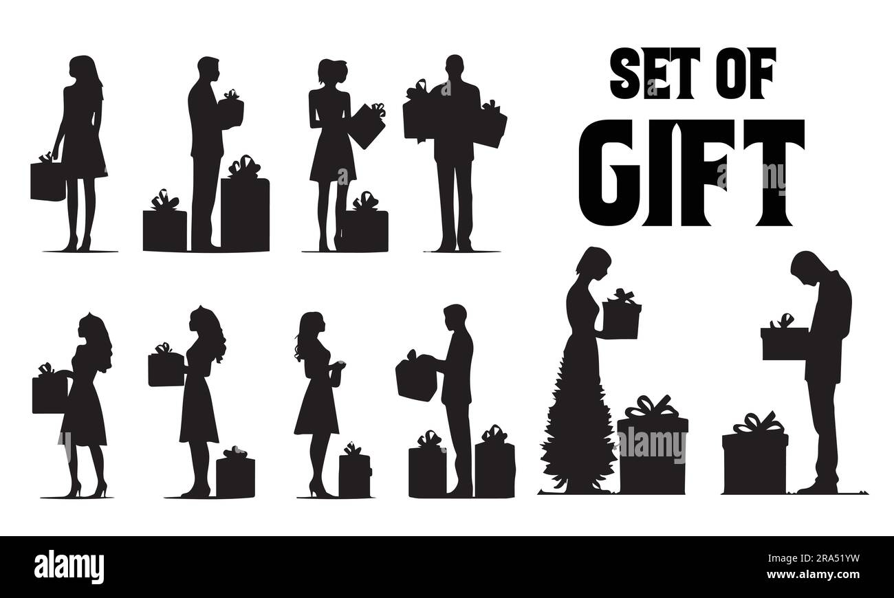 A set of silhouette people with gift box vector illustration Stock Vector