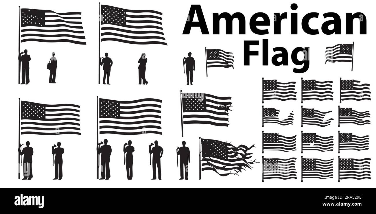 A set of silhouette American Flag vector illustration Stock Vector