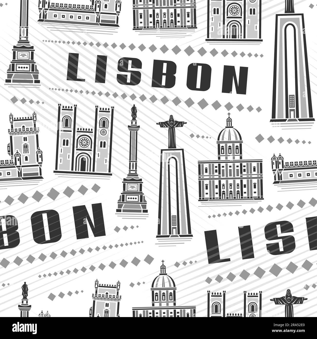 Vector Lisbon Seamless Pattern, repeating background with illustration of famous european lisbon city scape on white background for bed linen, monochr Stock Vector