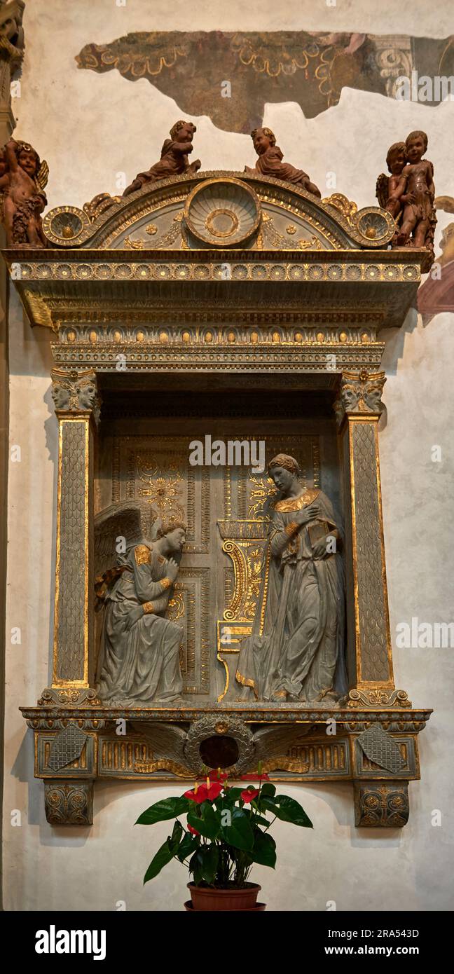 Cavalcanti Annunciation by Donatello in the  Basilica di Santa Croce, Florence, Italy Stock Photo