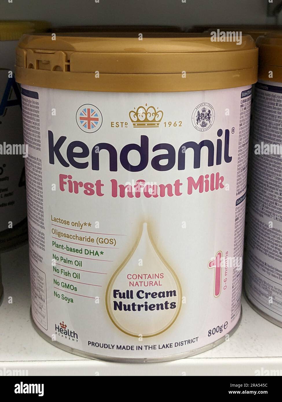 Kendamil infant milk displayed on the shelves in a pharmacy. Kendamil is UK-made baby milk, organic baby milk and goat formula,Czech republic,Europe Stock Photo