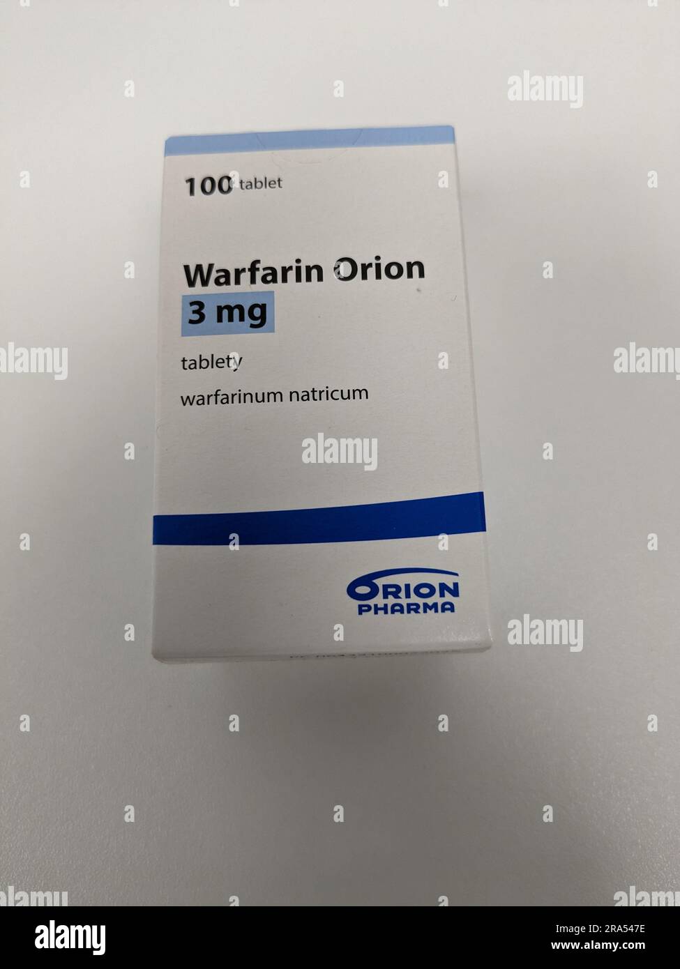 Prague,Czech republic – May 23 2023 : Pharmacy store-Packet of Warfarin Tablets, used to thin blood in patients who are at risk of blood clots Stock Photo