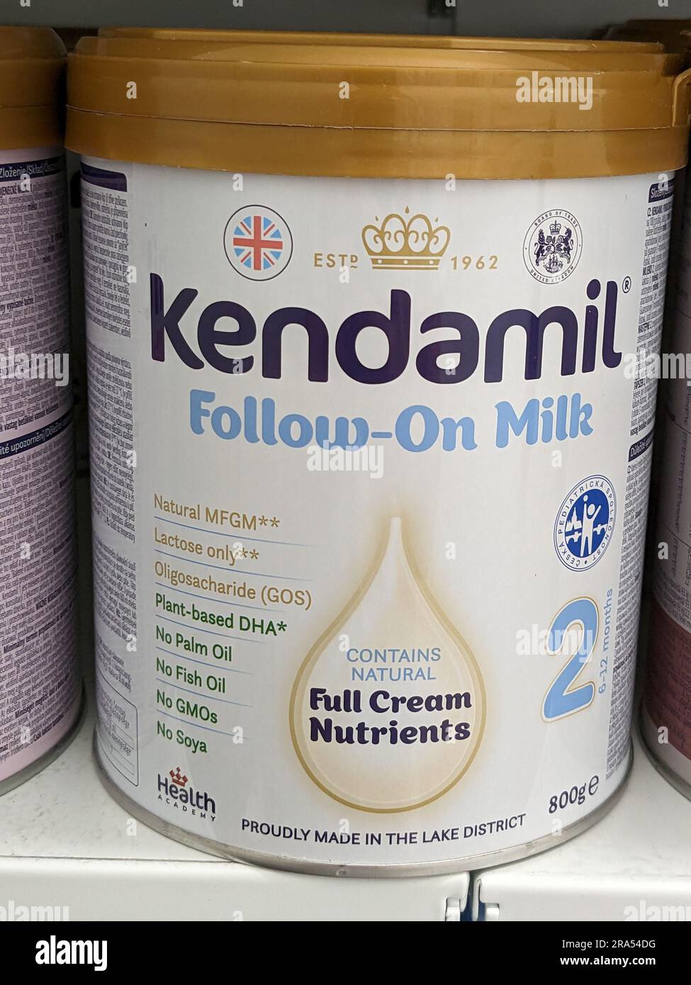 Kendamil infant milk displayed on the shelves in a pharmacy. Kendamil is UK-made baby milk, organic baby milk and goat formula,Czech republic,Europe Stock Photo