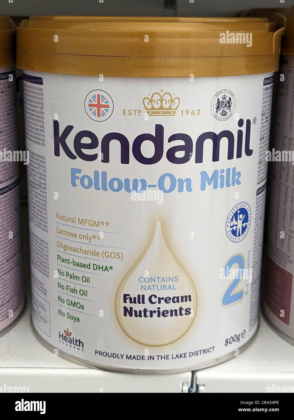 Kendamil infant milk displayed on the shelves in a pharmacy. Kendamil is UK-made baby milk, organic baby milk and goat formula,Czech republic,Europe Stock Photo