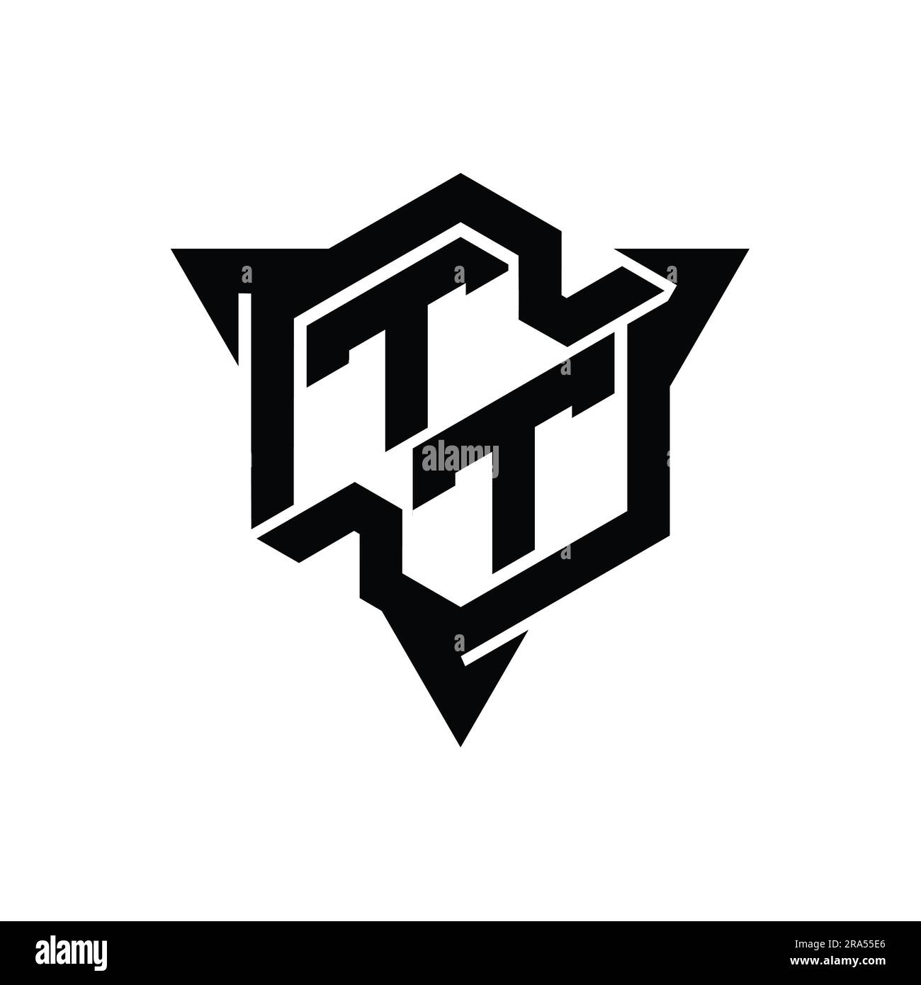 Tt letter logo monogram hexagon shape with triangle outline gaming