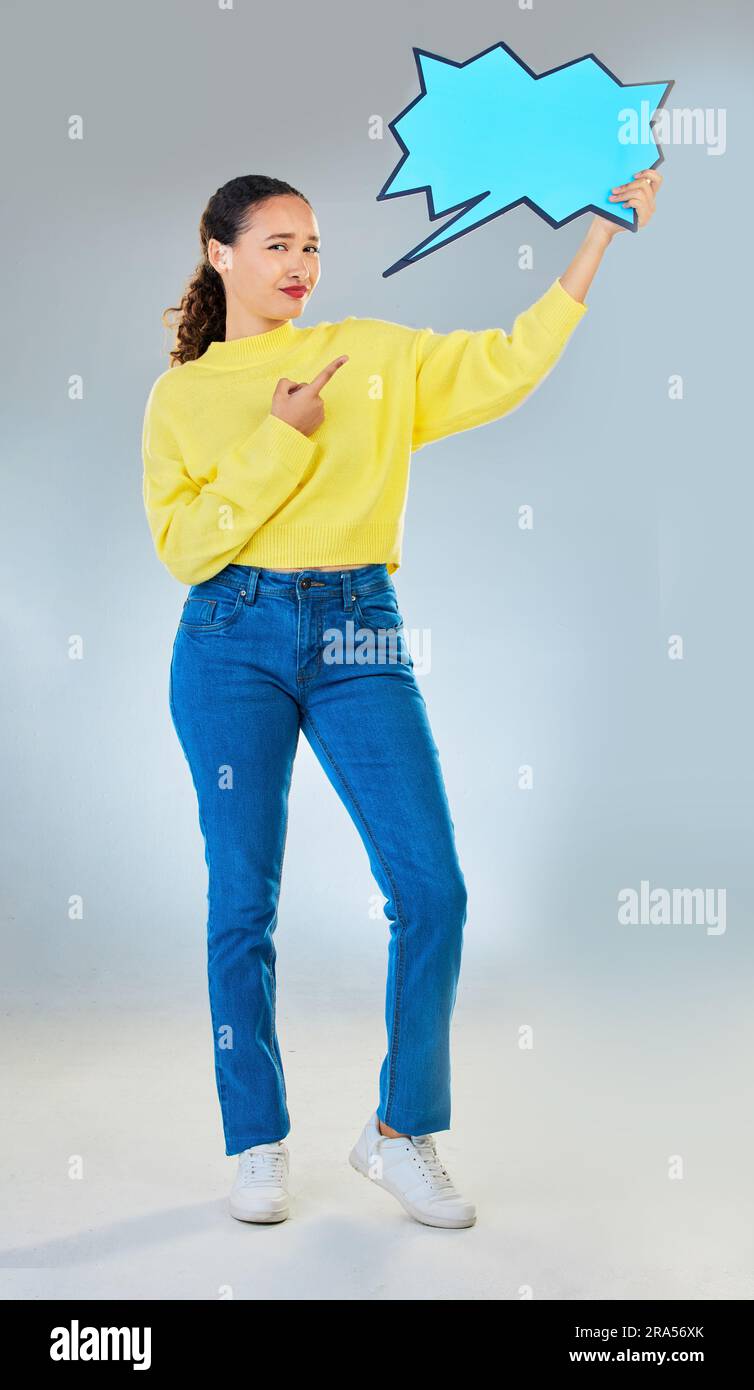 Speech bubble, portrait and woman pointing to chat, social media ...