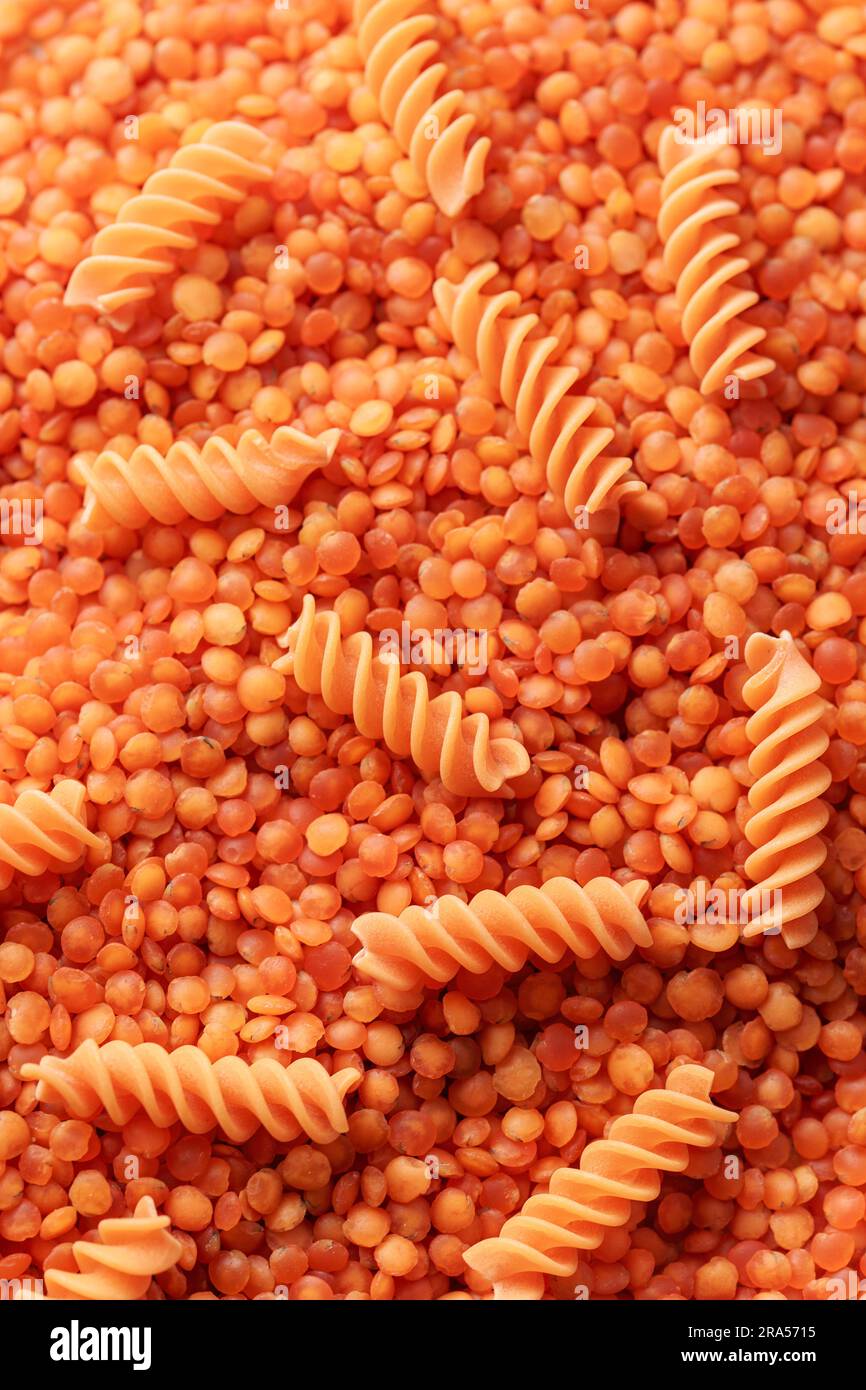 Pasta from red lentils. Glutenfree fusilli pasta. Alternative healthy