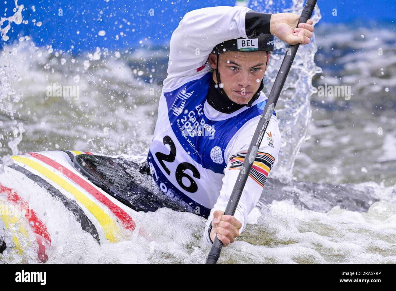 Krakow, Poland. 01st July, 2023. Belgian Canoe Slalom Athlete Gabriel De Coster pictured in