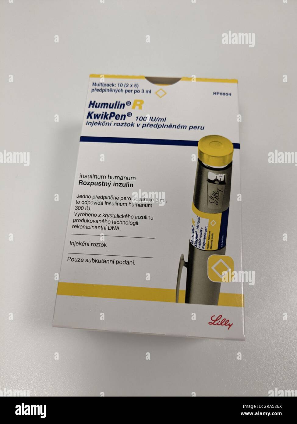 Prague,Czech republic–May 23 2023:Humulin R human insulin rDNA 100 IU solution for subcutaneous or intravenous injection in cartridge used in diabetes Stock Photo