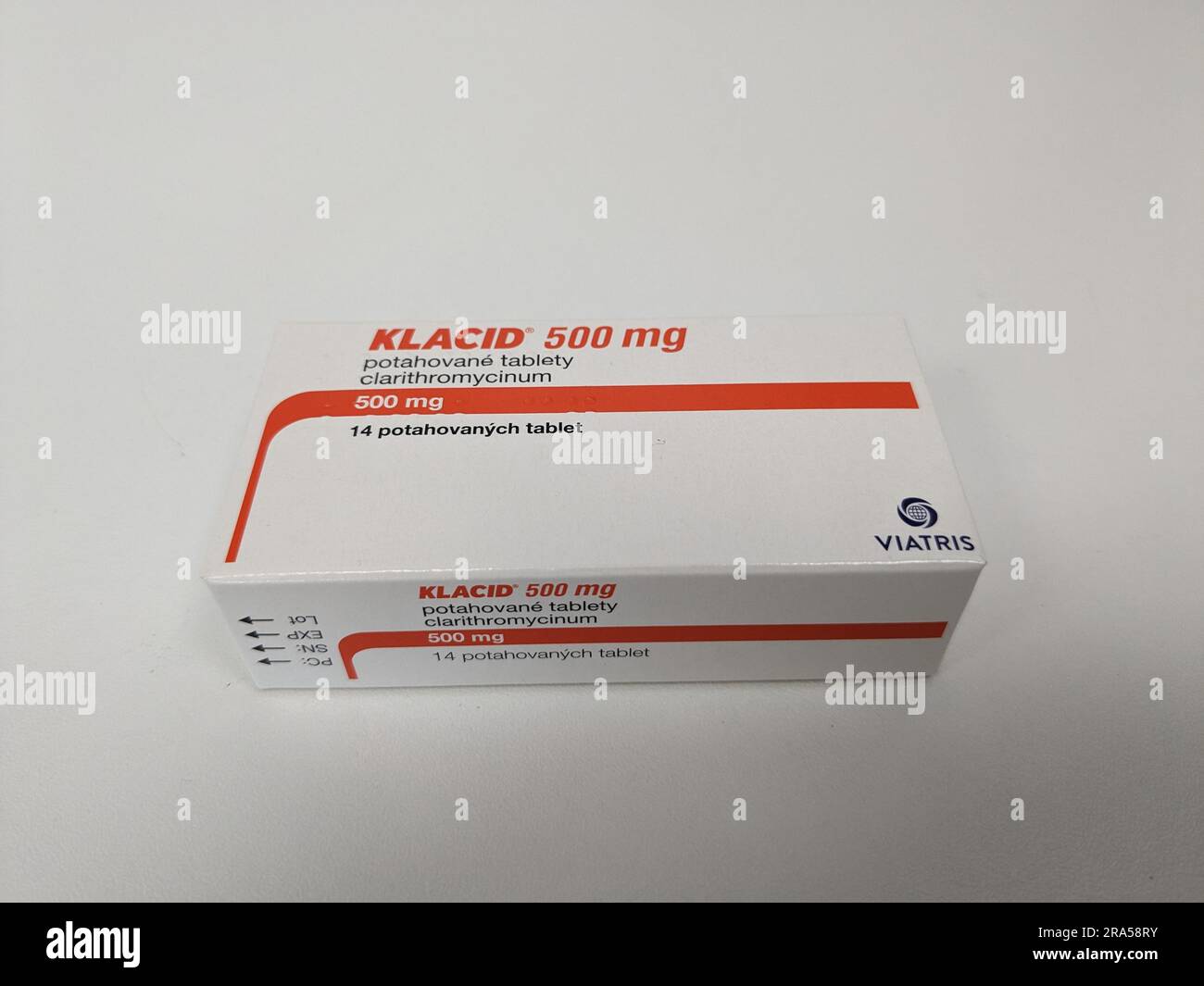 Prague,Czech republic – May 23 2023 : Pharmacy store- Klacid antibiotics  medicine in pill form in a box standing on a table in soft focus background. Stock Photo