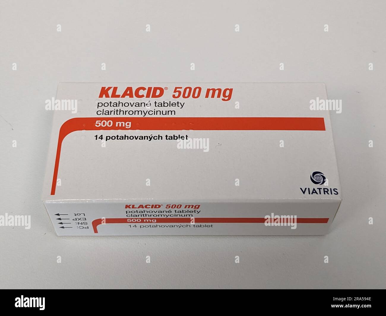 Prague,Czech republic – May 23 2023 : Pharmacy store- Klacid antibiotics  medicine in pill form in a box standing on a table in soft focus background. Stock Photo