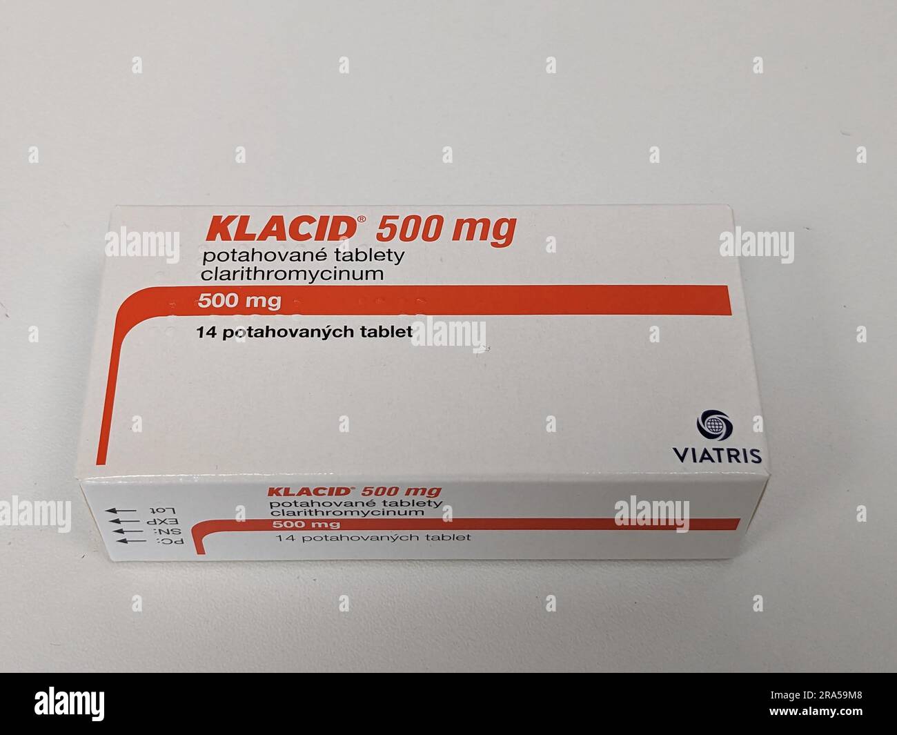 Prague,Czech republic – May 23 2023 : Pharmacy store- Klacid antibiotics  medicine in pill form in a box standing on a table in soft focus background. Stock Photo