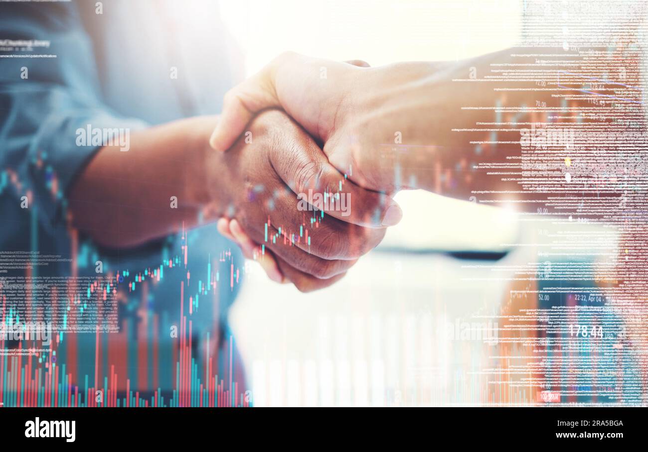 Business, handshake and collaboration on statistics double exposure ...