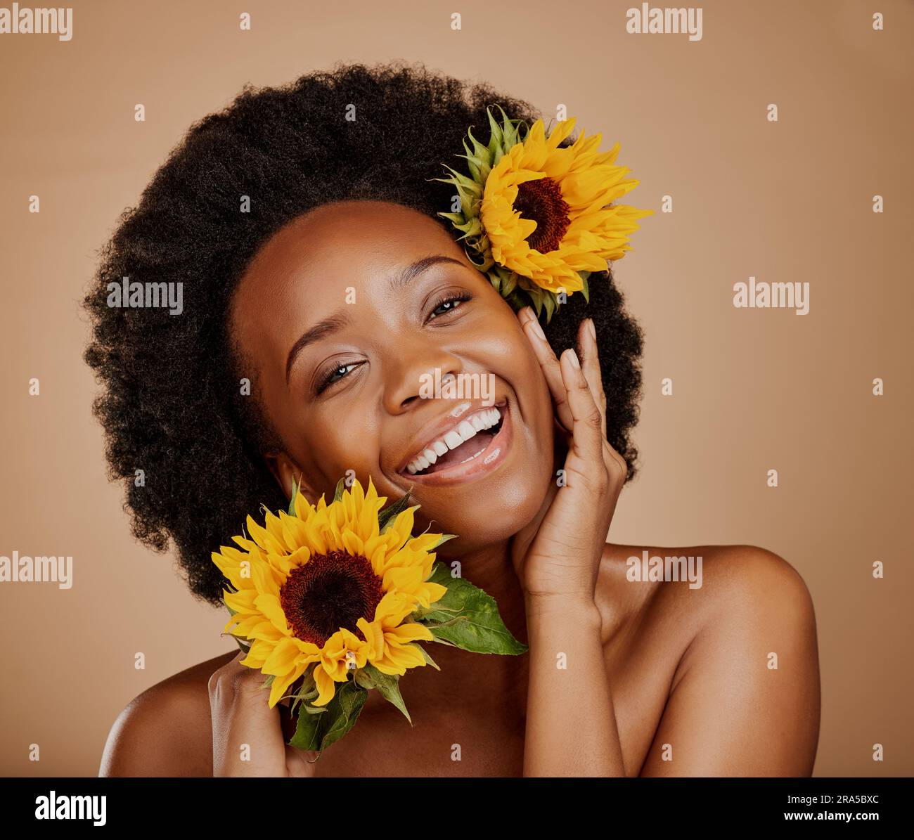 Portrait, aesthetic and sunflower with a model black woman in studio on ...