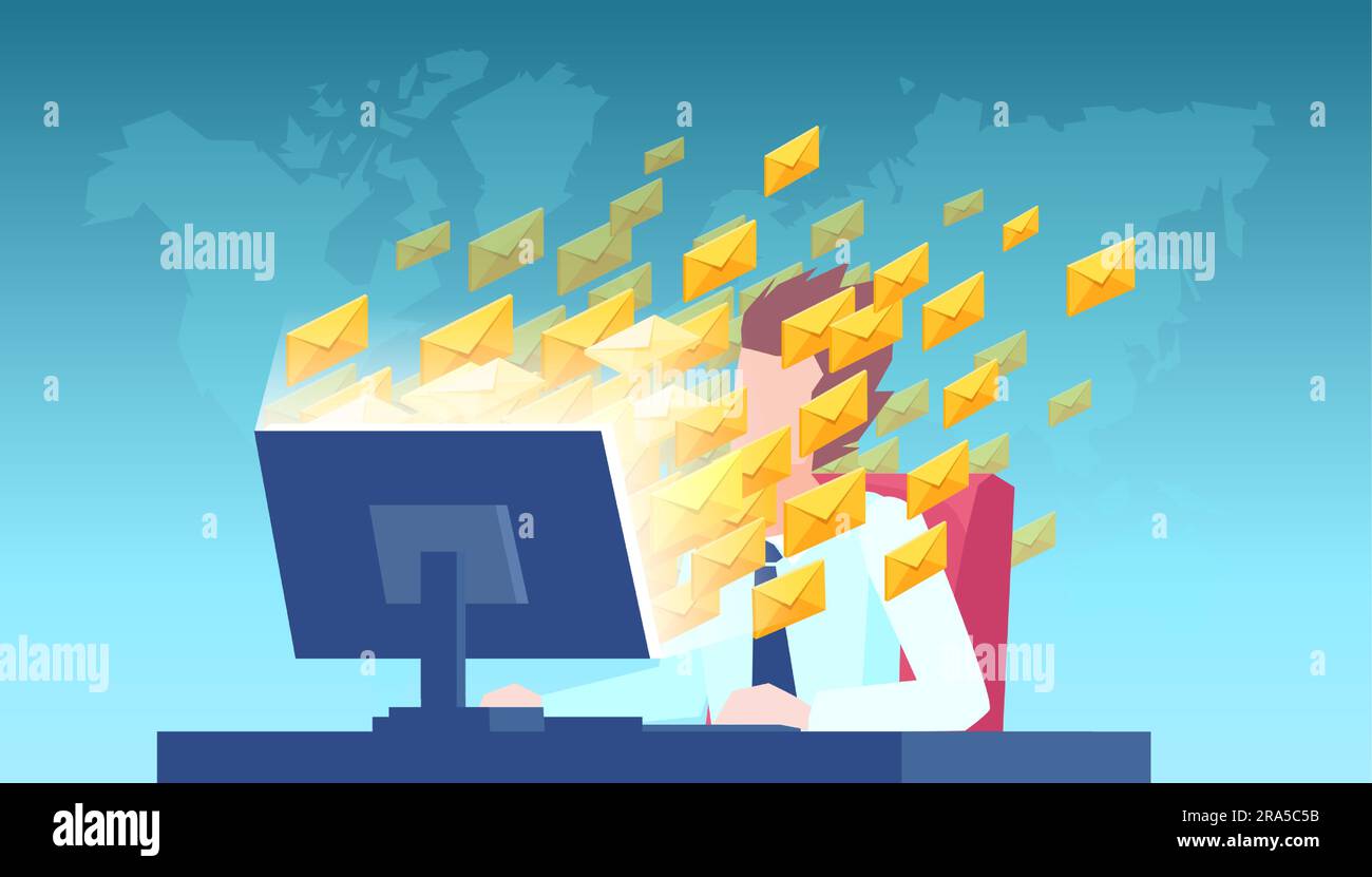 Vector of an overwhelmed businessman sitting at desk going through many emails Stock Vector