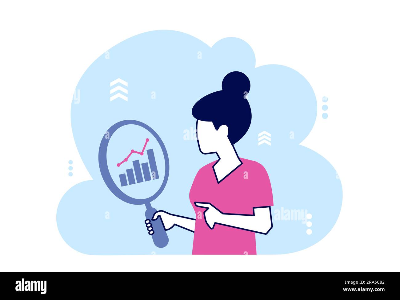 Vector of a woman with magnifying glass analyzing financial report Stock Vector