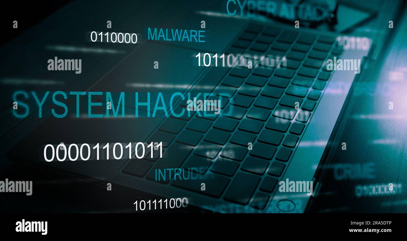 Futuristic banner with system hacked alert. Compromised information concept. Internet virus cyber security and cybercrime. Stock Photo