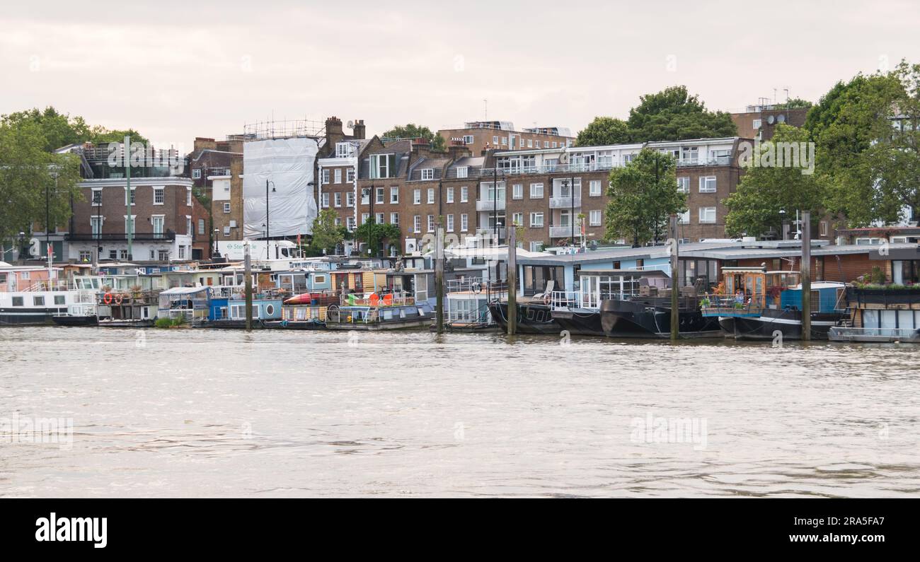 Floating homes and houseboats at Chelsea Reach, Cheyne Walk, London