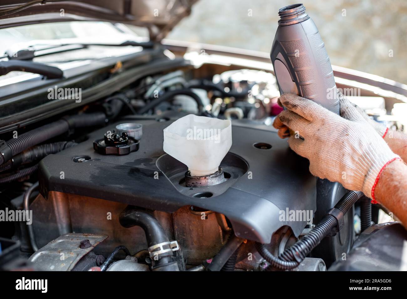 changing the oil in a car engine. A car mechanic pours engine oil