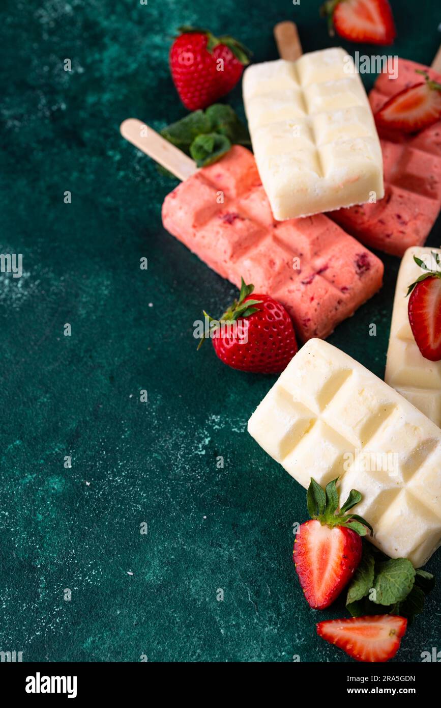 Strawberry ice cream pop sicle with mint Stock Photo Alamy