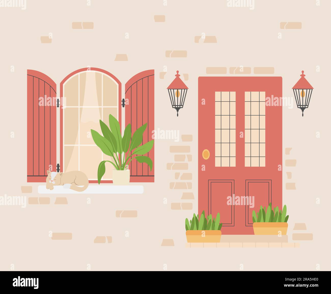 Vintage front door and window with shutters. House exterior Stock ...