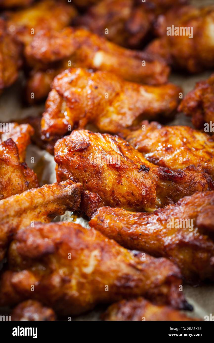 BBQ chicken wings on baking sheet Stock Photo Alamy