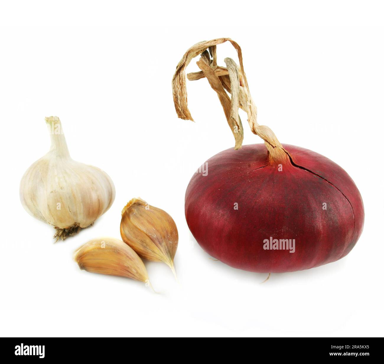 Few cloves of garlic and red onion isolated on a white background Stock ...