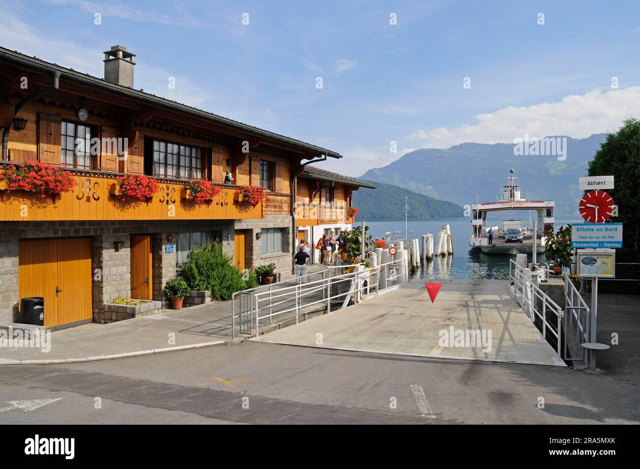 Landing stage for car ferry Beckenried-Gersau, Lake Lucerne, Vitznau, Lucerne, Lake Lucerne, Switzerland Stock Photo