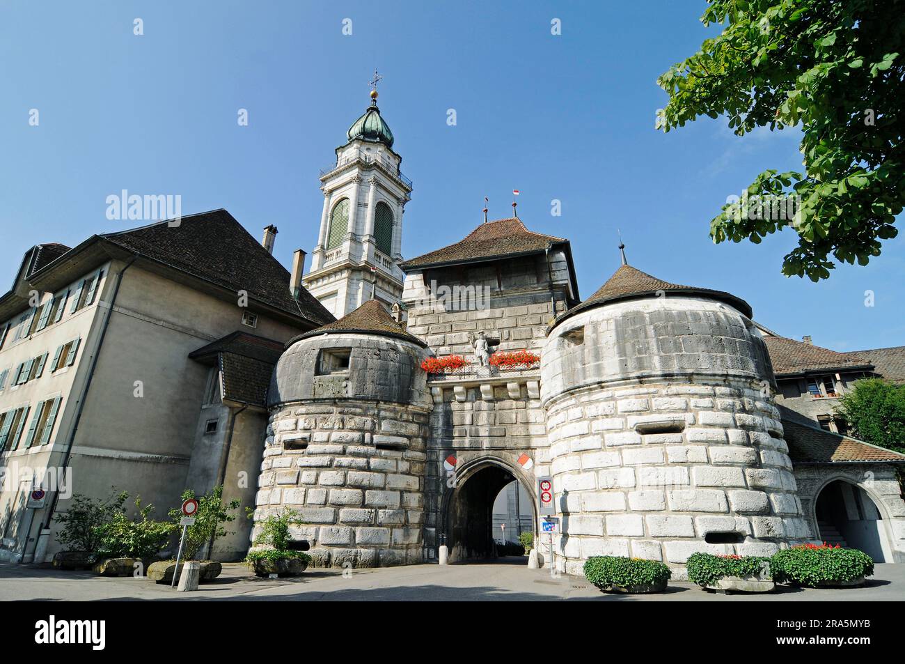 City Gate, St. Ursus Cathedral, Basle Gate, Church Tower of St. Ursus Cathedral, Solothurn, Switzerland Stock Photo