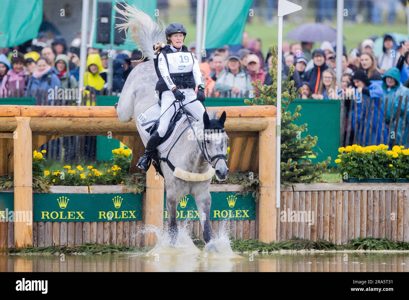 Aachen, Germany. 01st July, 2023. Equestrian sport, eventing: CHIO, cross-country competition. The German rider Malin Hansen-Hotopp on the horse "Carlitos Quidditch K" jumps over an obstacle. Credit: Rolf Vennenbernd/dpa/Alamy Live News Stock Photo