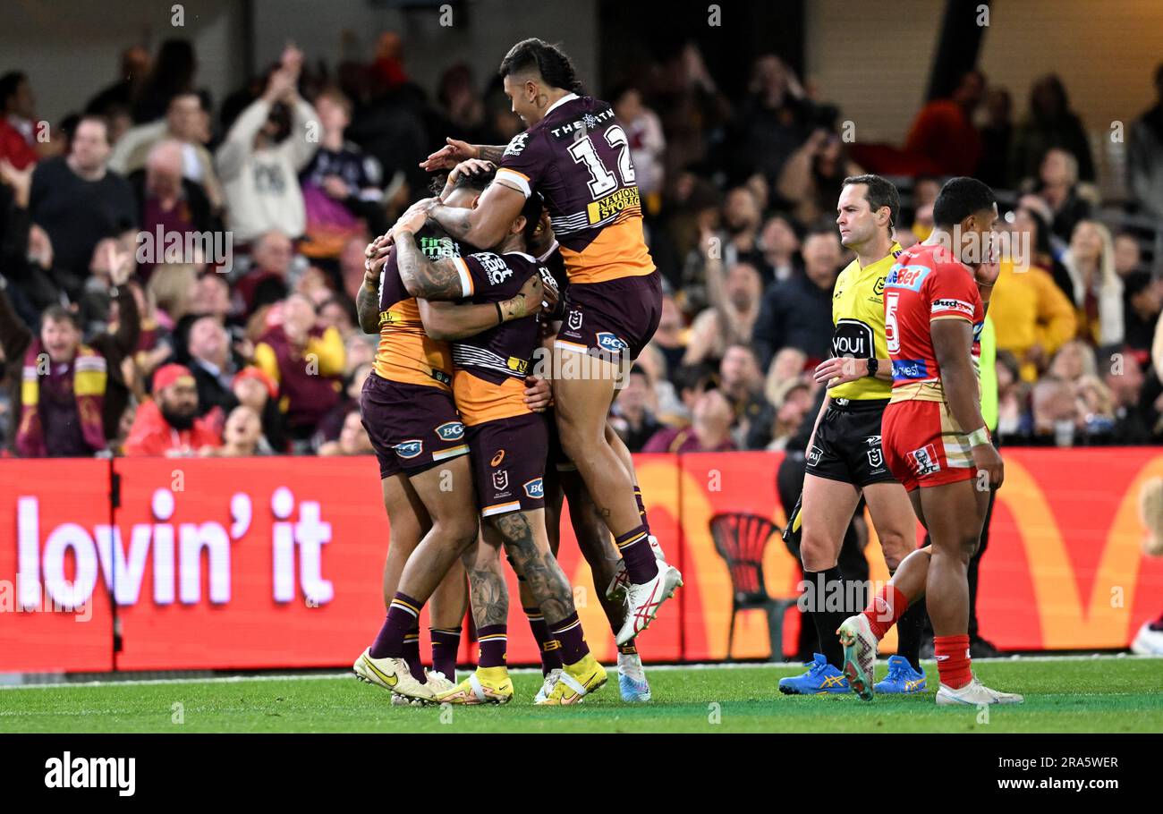 Brisbane, Australia. May 18, 2023. Selwyn Cobbo of the Broncos scores a try  during the NRL Round 12 match between the Brisbane Broncos and the Penrith  Panthers at Suncorp Stadium in Brisbane