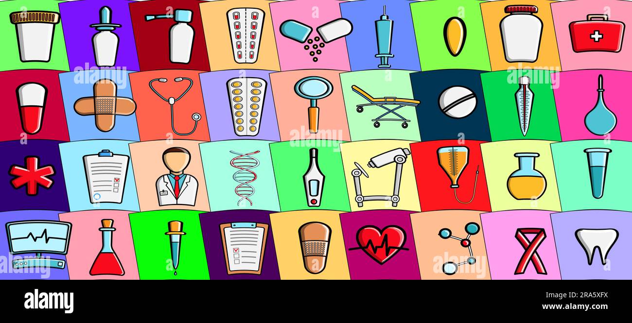 Vector illustration set of medical items icons drugs medications flasks ...