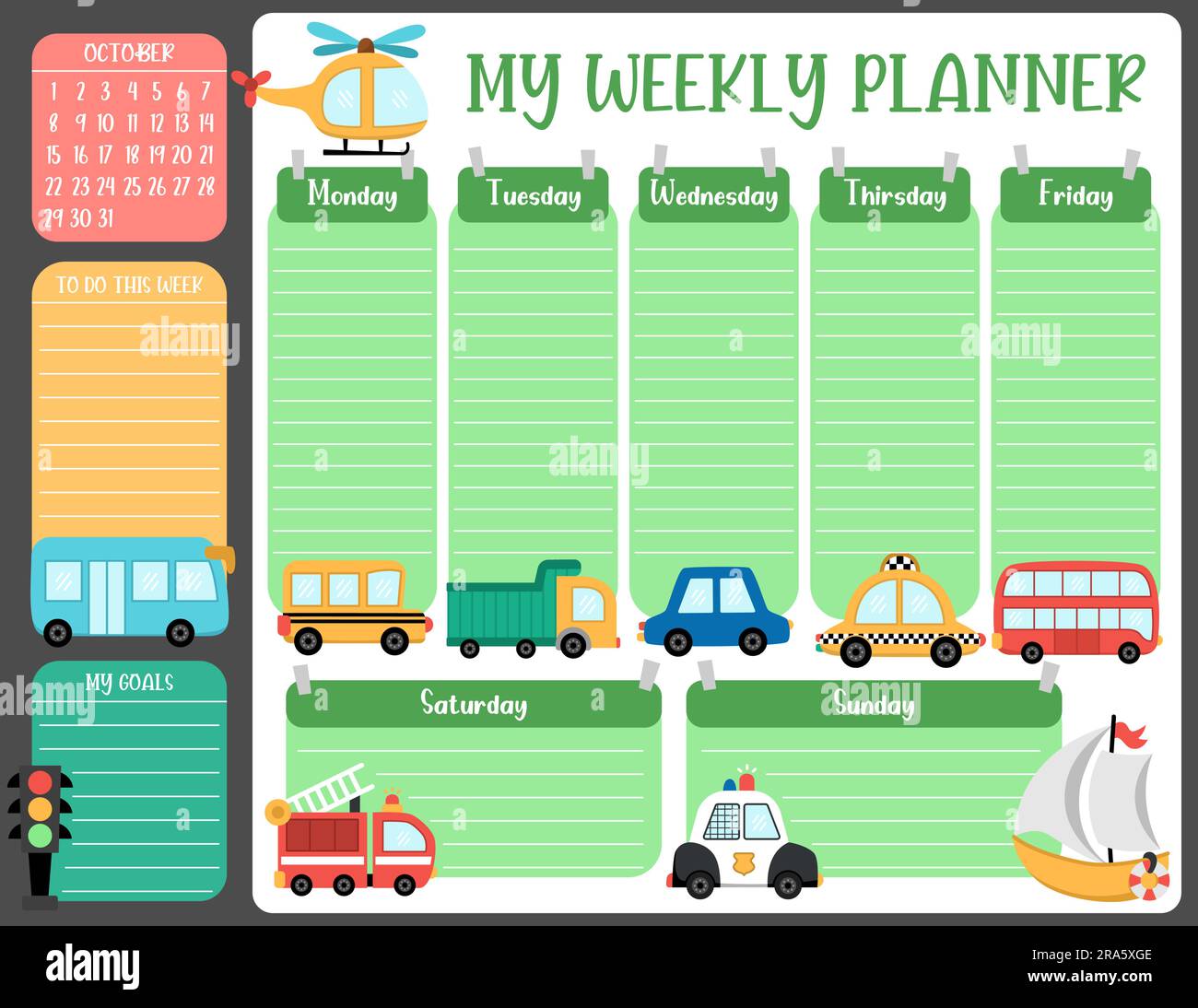 Vector transportation weekly planner with week days, to do list, goals