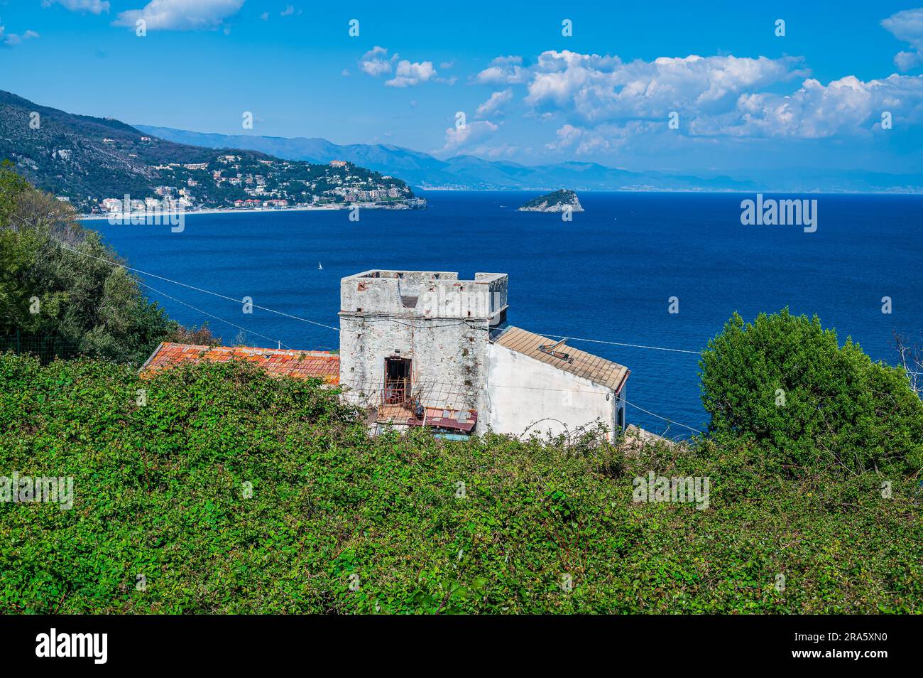 View of the coast between Spotorno and Bergeggi with the little island on the Italian Riviera Stock Photo