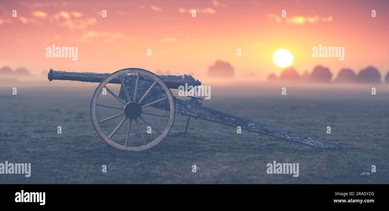 Civil Ware Era Gun Carriage (Cannon) On A Field At Dawn Stock Photo