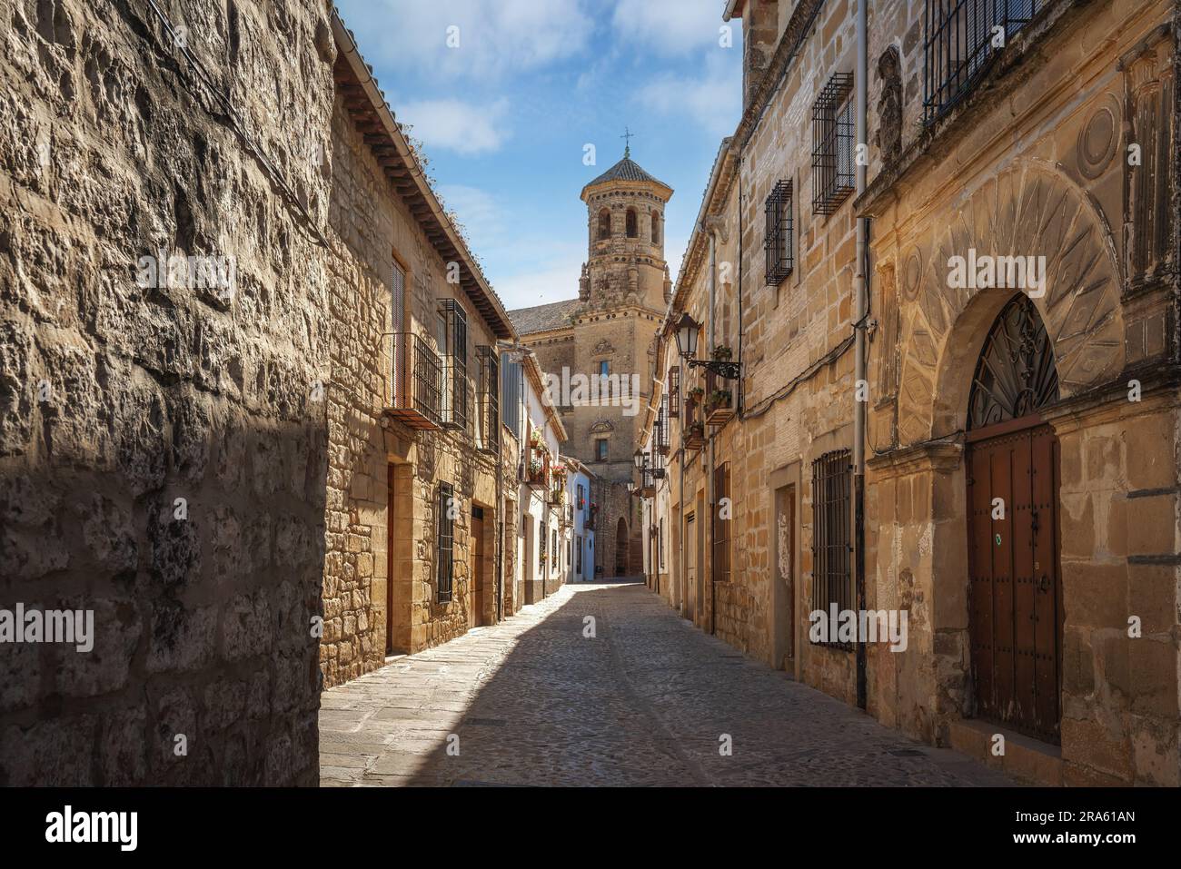 Baeza street with Old University Tower - Baeza, Jaen, Spain Stock Photo