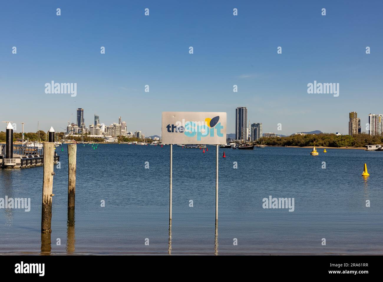 Gold Coast, Queensland Australia - 20 June 2023 : View of the Surfers Paradise skyline from the Southport Spit with the sign Stock Photo