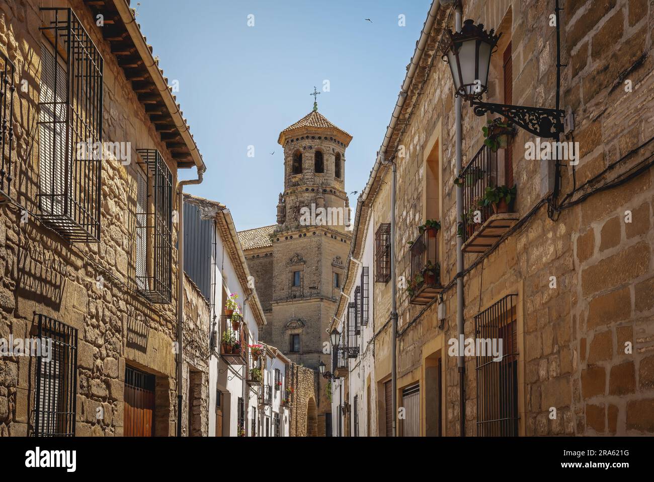 Baeza street with Old University Tower - Baeza, Jaen, Spain Stock Photo