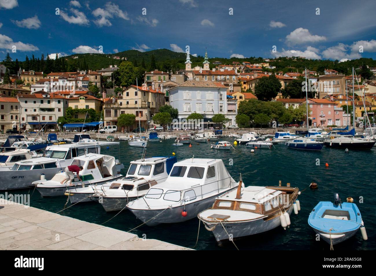 Boats in Mandrac harbour, Volosko fishing village, Kvarner Gulf Bay, Croatia Stock Photo